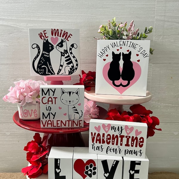 Valentines Day Tiered tray decor, Cat tiered tray decor, cat lover decor, valentine home decor, cat themed home decor, valentines day signs