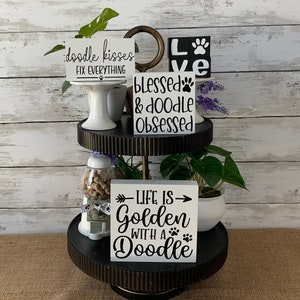 Dog Tiered Tray Decor, Golden Doodle Decor, Dog Mom, Dog Decor, dog themed home decor, golden doodle, pet decor, dog wood signs, tiered tray