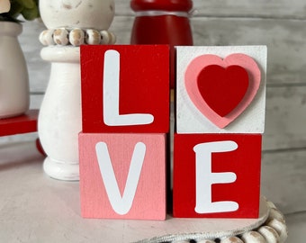 Valentine's Day Tiered Tray Decor, Valentines mini blocks, Love decor, Valentine signs, Valentine shelf sitter, home decor, Red and pink