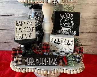 Christmas Tiered Tray Decor, Farmhouse Tiered Tray, Holiday Tiered Tray, Modern Christmas, Black & White Christmas, tiered tray bundle