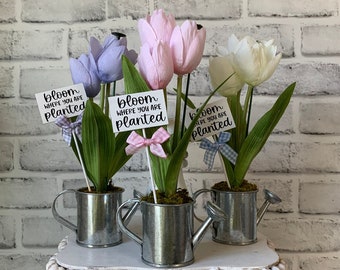 Spring flowers for tiered tray, tulips for tiered tray, mini watering can for tiered tray, Spring tiered tray decor, tiered tray florals