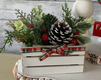 Christmas tiered Tray Decor, mini floral arrangement, mini crate for tiered tray, Christmas tiered tray flowers, winter tiered tray decor