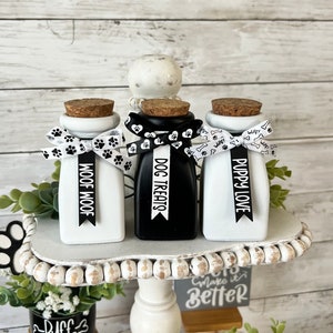 dog tiered tray decor, dog home decor, tiered tray decor, dog themed mini jars, dog treat mini jar, dog home decor, dog mini home decor
