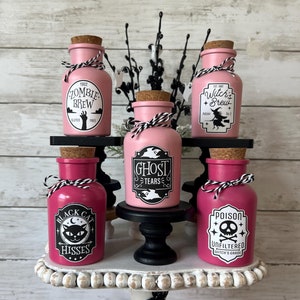 Pink Halloween tiered tray decor, Pink Halloween Potions, Witches Brew, Tiered tray accessory, Halloween home decor, Pink Potions Bottles
