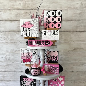 Pink Halloween tiered tray decor, cute girly pink and black halloween decor, halloween mini signs, pink witches brew, halloween home decor