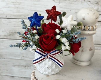 Patriotic tiered tray decor, fourth of july tray, patriotic florals, American flag decor, red white and blue, Americana decor, USA decor