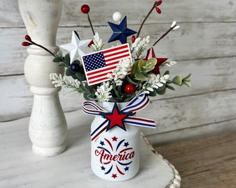 Patriotic tiered tray decor, fourth of july tray, patriotic florals, American flag decor, red white and blue, Americana decor, USA decor