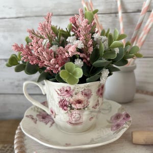 Spring tiered Tray mini floral arrangement, mini teacup, teacup florals, tea decor, spring home decor, spring florals, easter tiered tray