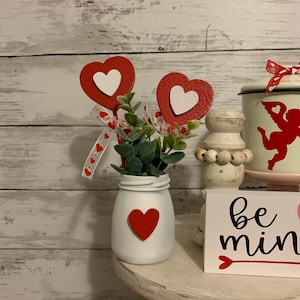 Valentine&#39;s Day Tiered Tay Decor, Wood Hearts, Valentine&#39;s Day Home Decor, Tiered Tray Decor, Valentine florals, Wood Conversation Hearts