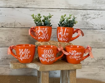 Mini mug for tiered tray, fall mini mug, fall tiered tray decor, fall home decor, orange fall mugs, tiered tray greenery, tiered tray decor