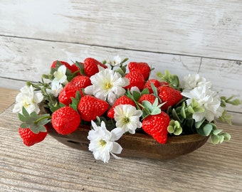 Wood Dough bowl, dough bowl filler, strawberry home decor, farmhouse home decor, summer decor, dough bowl centerpiece, table centerpiece