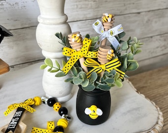 bumble bee tiered tray decor, wood honey dippers, bee themed mini floral arrangement, summer tiered tray decor, honey bee decor, bumble bee