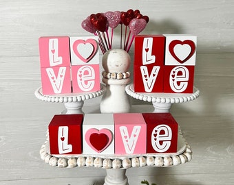 Valentine's Day Tiered Tray Decor, Valentines mini blocks, Love decor, Valentine signs, Valentine shelf sitter, home decor, Red and pink