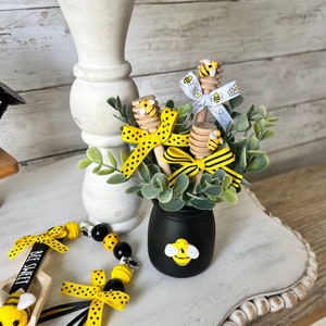bumble bee tiered tray decor, wood honey dippers, bee themed mini floral arrangement, summer tiered tray decor, honey bee decor, bumble bee