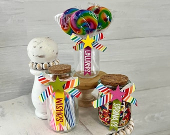 Birthday tiered tray decor, birthday tiered tray accessories, birthday party decor, birthday lollipops, jar of sprinkles, jar of wishes