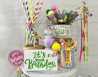 Birthday tiered tray decor, birthday party decor, mini rolling pin, mini gumvball machine, tiered tray banner, mini birthday wood signs