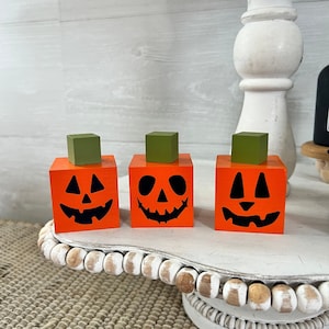 Halloween tiered tray decor, mini wood pumpkins, mini wood jack o lantern, halloween blocks, pumpkin  decor, halloween home decor