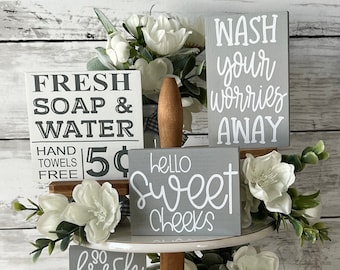 Bathroom tiered tray decor, bathroom signs, bathroom shelf sign, bathroom decor, bathroom mini signs, farmhouse tiered tray, bathtub decor