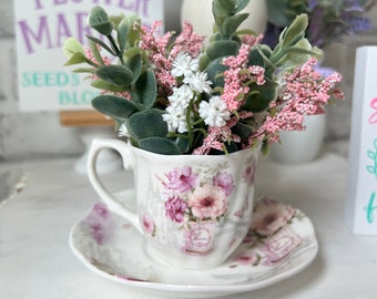 Spring tiered Tray mini floral arrangement, mini teacup, teacup florals, tea decor, spring home decor, spring florals, easter tiered tray