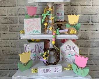 Spring Tiered Tray Decor bundle, Spring Decorations for home, Spring mini signs, Farmhouse Tiered tray decor, Flower Market Signs