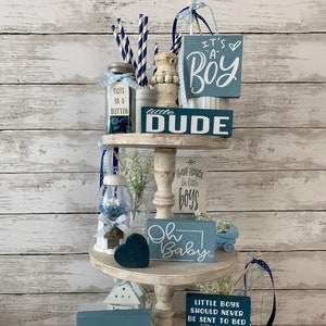 baby boy tiered tray decor, farmhouse tiered tray decor, tiered tray decor bundle, baby shower decor, mini gumball machine, it&#39;s a boy, baby