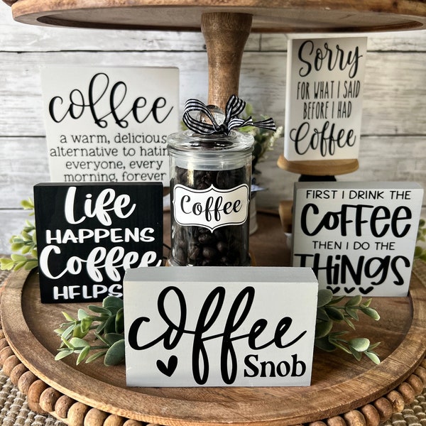 Coffee Tiered Tray Decor, Tiered Tray, Mini wood signs, Coffee Decor, Coffee Bar Decor, Coffee home decor, coffee addict, coffee lover, java