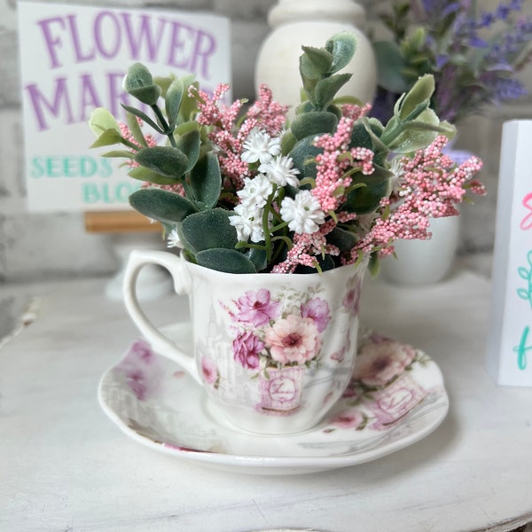 Spring tiered Tray mini floral arrangement, mini teacup, teacup florals, tea decor, spring home decor, spring florals, easter tiered tray