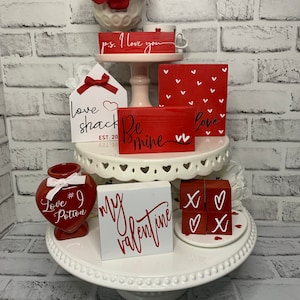 Valentines Day Tiered Tray Decor | Tiered Tray Bundle | Red & White | Tiered Tray Sign set | Home Decor | Farmhouse Tray | Tiered Tray Decor