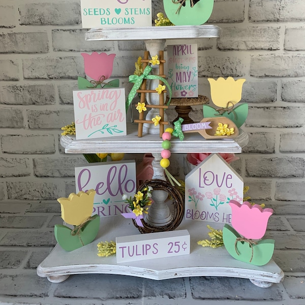 Spring Tiered Tray Decor bundle, Spring Decorations for home, Spring mini signs, Farmhouse Tiered tray decor, Flower Market Signs