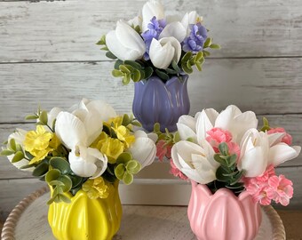 Spring tiered Tray mini floral arrangement, Spring tiered tray decor, Easter tiered tray decor, tulip florals, easter tulips, spring tulips