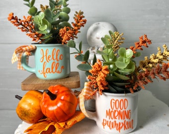 Mini mug for tiered tray, fall mini mug, fall tiered tray decor, fall home decor, orange fall mugs, tiered tray greenery, tiered tray decor