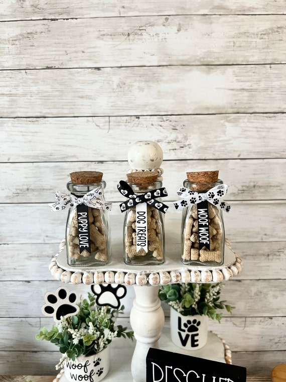 dog tiered tray decor, dog home decor, tiered tray decor, dog themed mini jars, dog treat mini jar, dog home decor, dog mini home decor