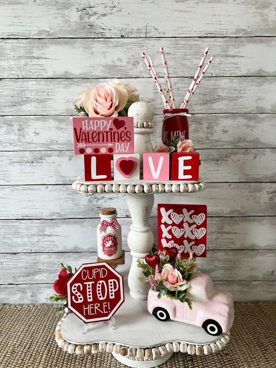 Valentine's Day Tiered Tray Decor, Valentines Mini Blocks, Love Decor,  Valentine Signs, Valentine Shelf Sitter, Home Decor, Red and Pink 