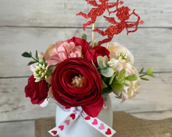 Valentine tiered Tray mini floral arrangement, valentine tiered tray, heart decor, mini vases, tiered tray greenery, eucalyptus, red roses