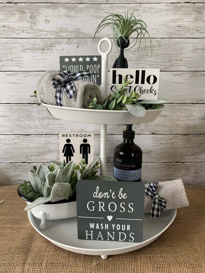 Bathroom Tiered Tray Decor Bathroom Signs Bathroom Shelf Etsy
