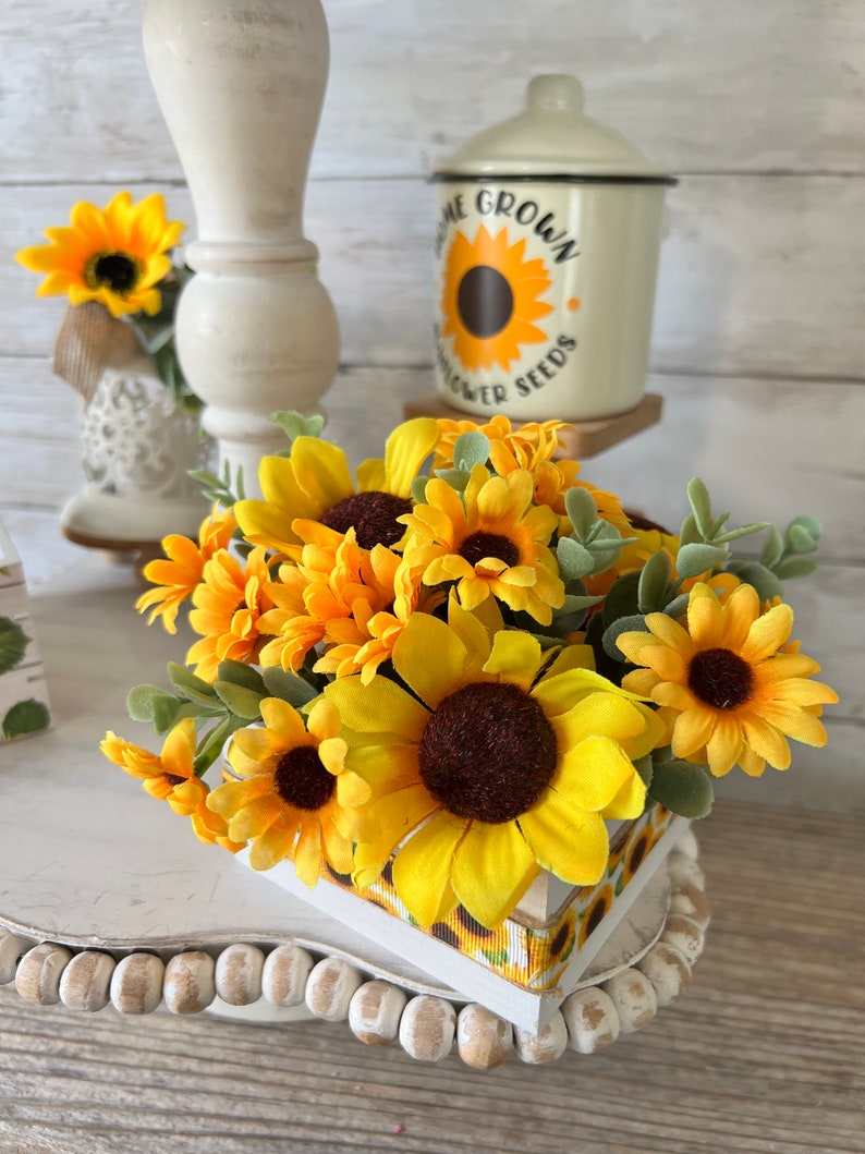 Sunflower Tiered Tray Mini Floral Arrangement, Summer Tiered Tray Decor ...