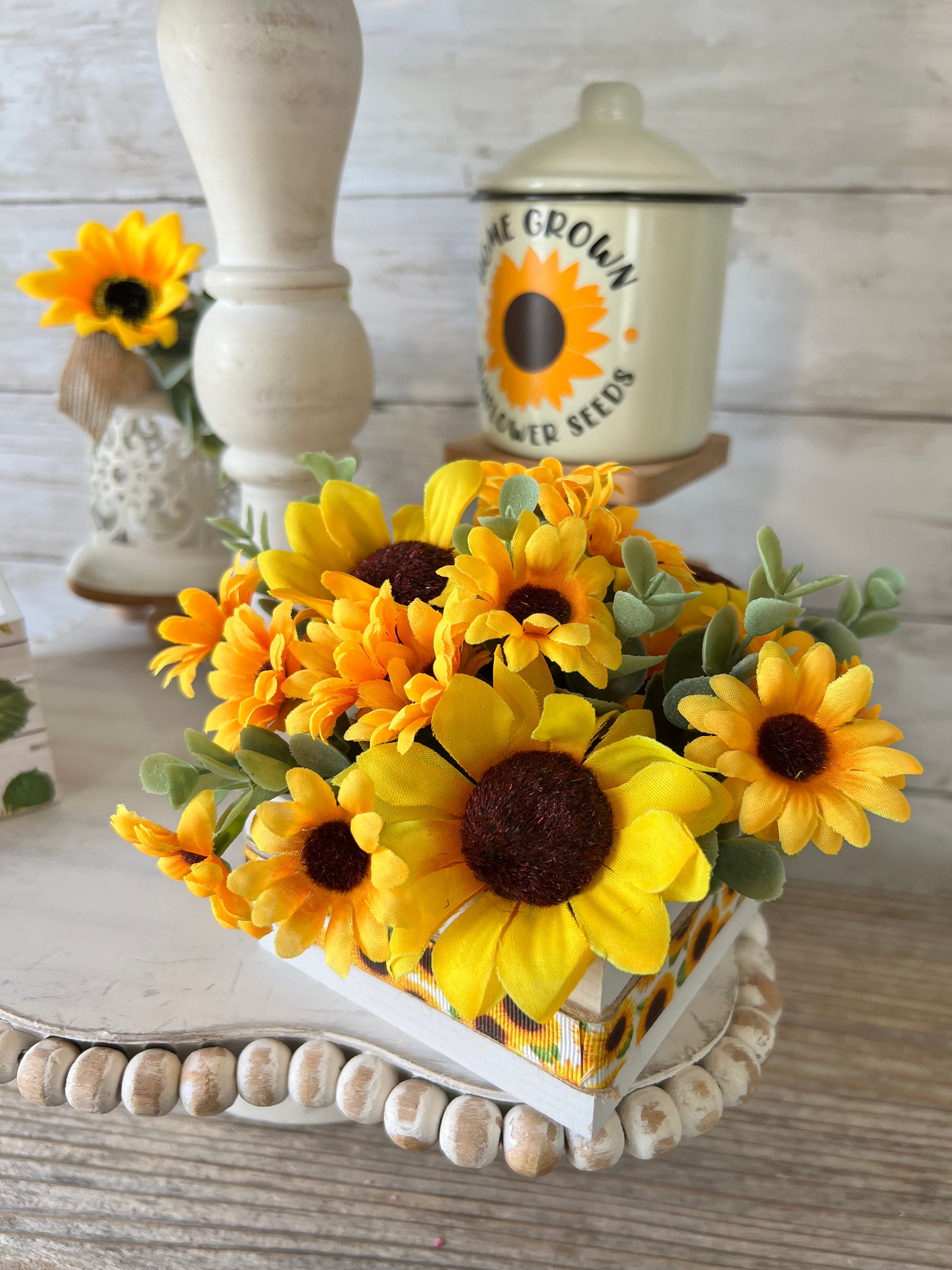 Sunflower Tiered Tray Mini Floral Arrangement, Summer Tiered Tray Decor ...