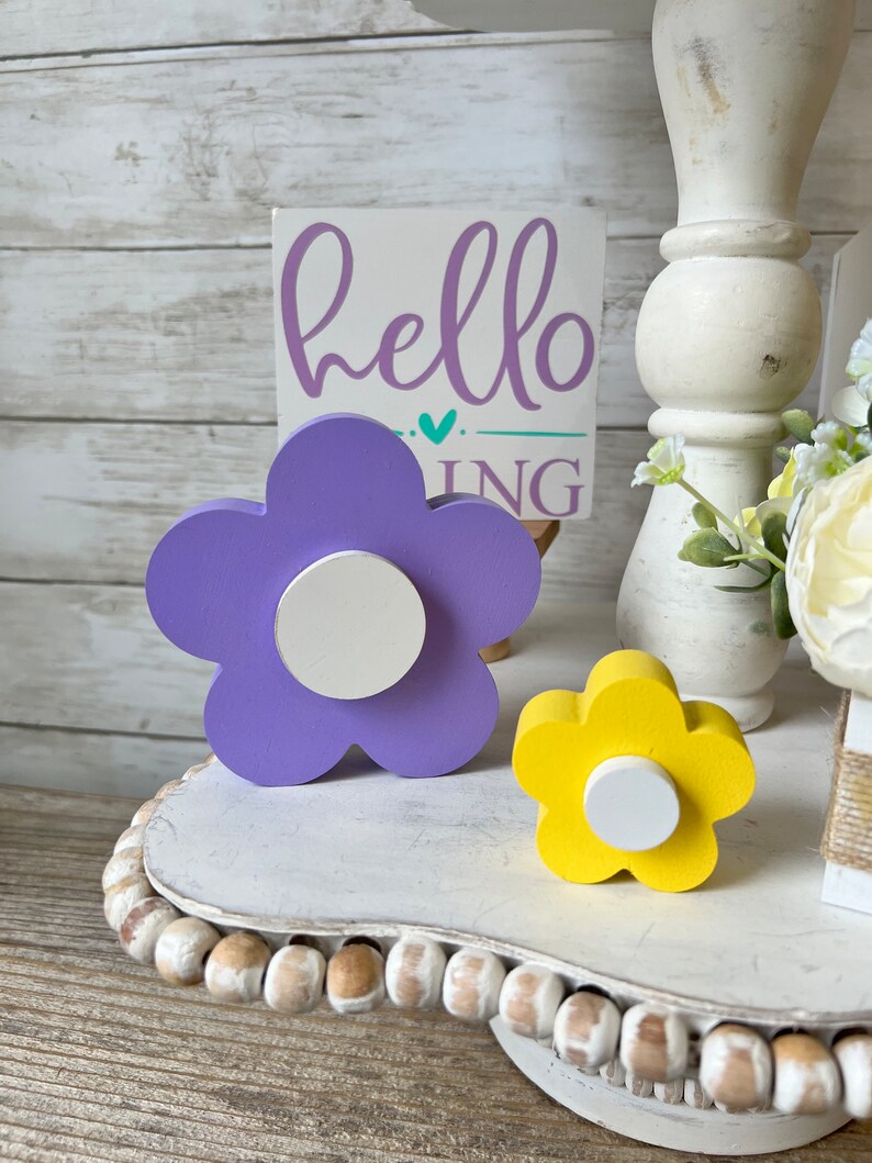 Wood flowers, Spring Tiered Tray Decor, Spring Home Decor, Spring wood flowers, Farmhouse tiered tray decor, Spring shelf sitter, easter image 6