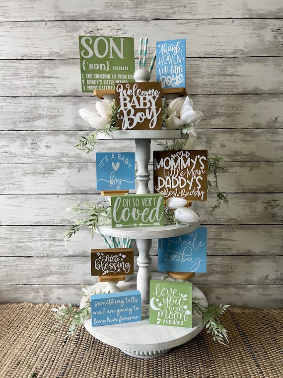 baby boy tiered tray decor, farmhouse tiered tray decor, tiered tray decor bundle, baby shower decor, nursery decor, baby boy decor, baby