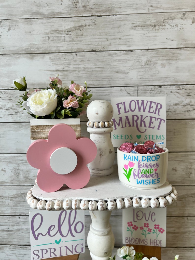 Wood flowers, Spring Tiered Tray Decor, Spring Home Decor, Spring wood flowers, Farmhouse tiered tray decor, Spring shelf sitter, easter image 2