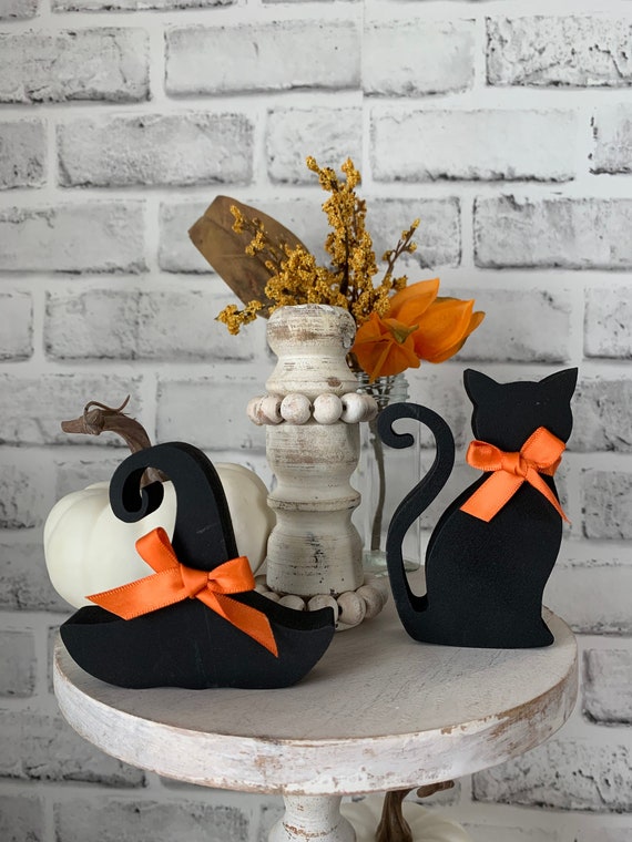 Wooden Halloween Tiered Tray Signs - Set Of 3 Cute Black Cat, Pumpkin & Witch Decor For Shelf Or Table - View #5