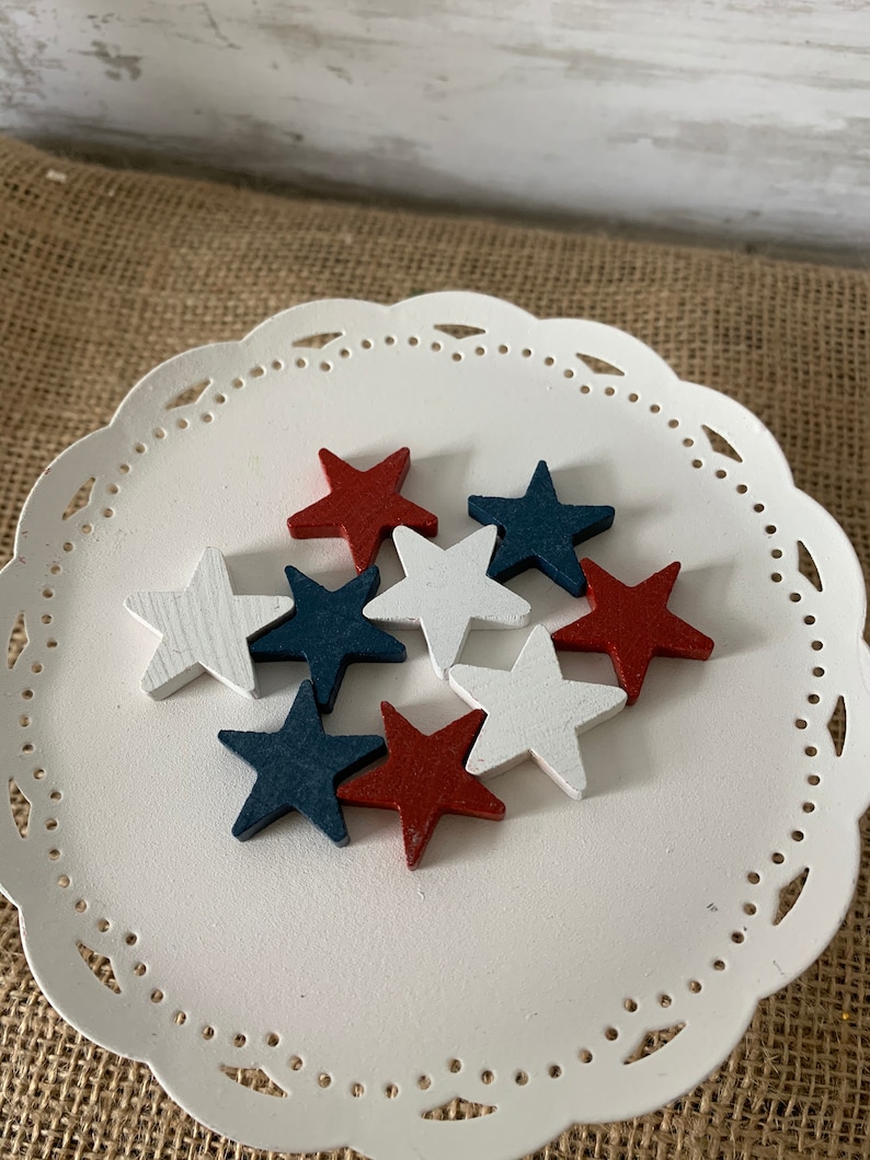 1'' Painted mini wood stars, patriotic vase filler, patriotic tiered tray decor, americana decor, red white and blue mini stars, tiered tray image 5