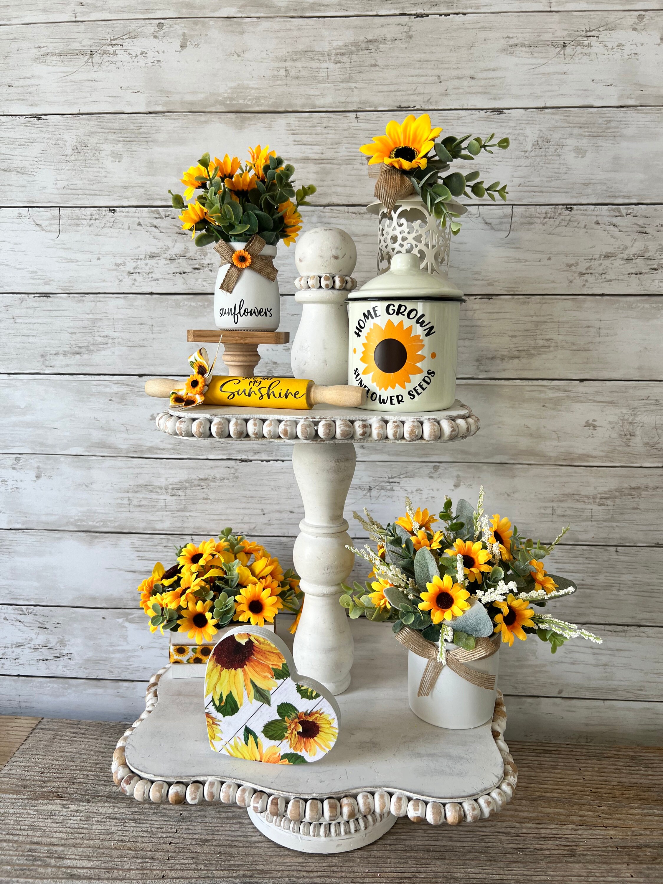 Sunflower Tiered Tray Mini Floral Arrangement, Summer Tiered Tray Decor ...