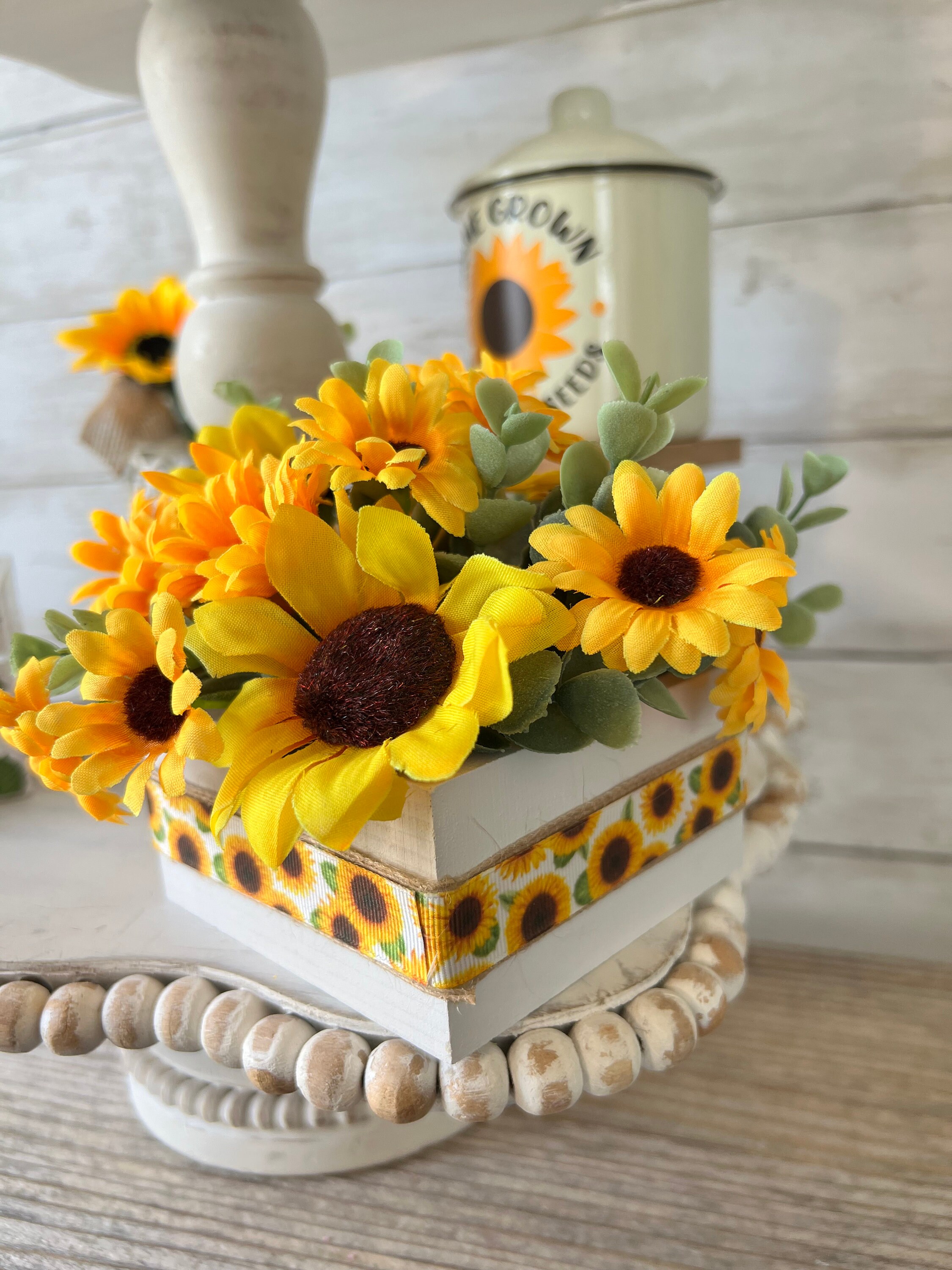 Sunflower Tiered Tray Mini Floral Arrangement, Summer Tiered Tray Decor ...