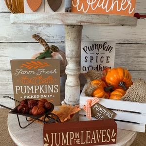 May include: A tiered tray decorated for fall with pumpkins, gourds, and signs that say "Sweater weather", "Pumpkin spice everything", "Farm Fresh Pumpkins", "Picked Daily", and "Jump in the leaves".