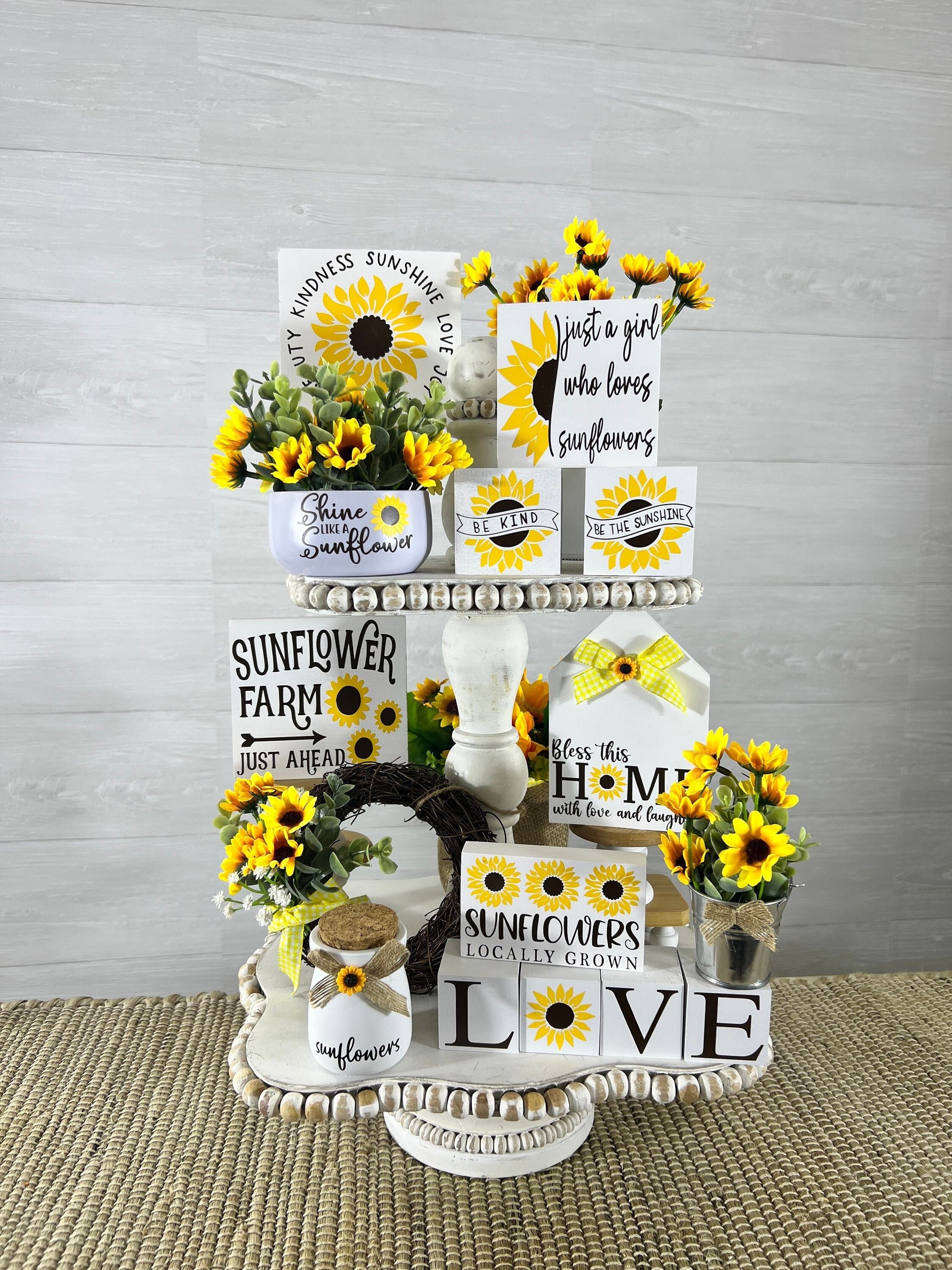 sunflower tiered tray decor, summer tiered tray decor, sunflower tiered tray, farmhouse tiered tray decor, sunflower home decor, wood signs