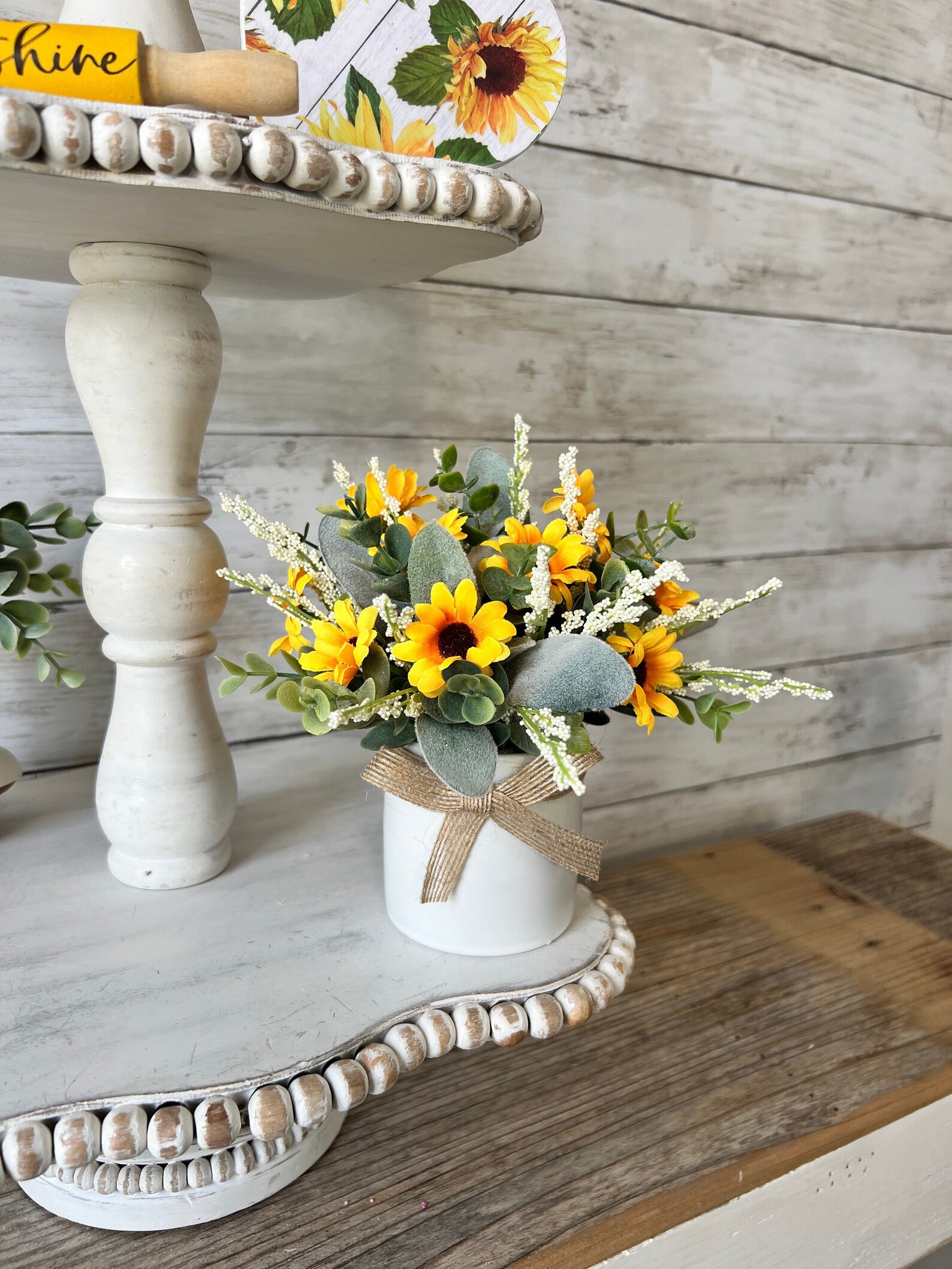 Sunflower Tiered Tray Mini Floral Arrangement, Summer Tiered Tray Decor ...