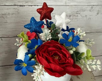 Patriotic tiered tray decor, fourth of july tray, patriotic florals, American flag decor, red white and blue, Americana decor, USA decor