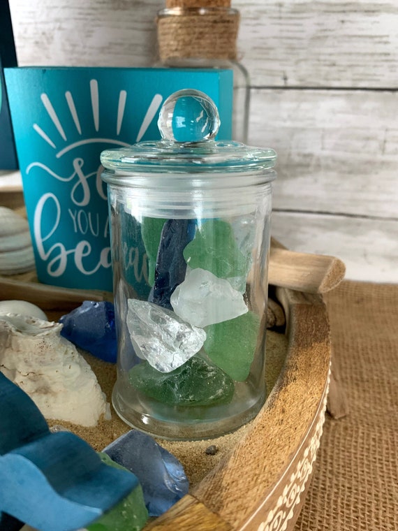 Sea Glass Decor, Mini Jar of Sea Glass, Beach Tiered Tray Decor