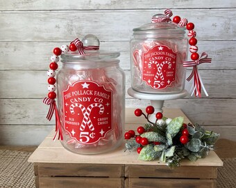 Personalized Glass Christmas Cookie Jar W/ Lid Wood Bead Garland